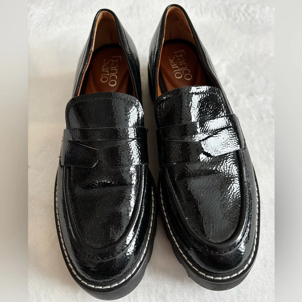 Franco Sarto Loafers Balin Lug Sole Penny Glossy Black Leather Size 6,5 - Picture 2 of 9
